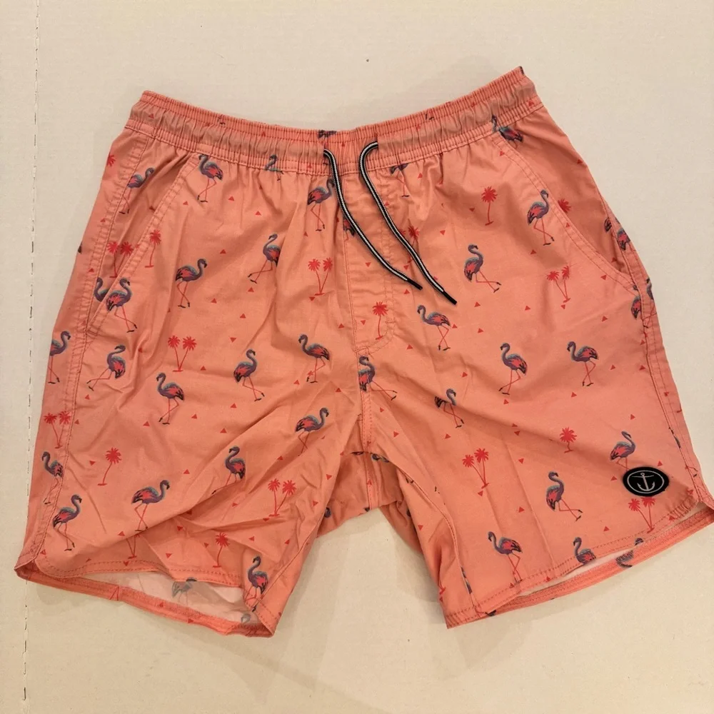 Captain Fin Tropical Pink Flamingo Orange Men's Swim Trunks Size Small